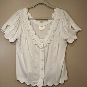 Maeve‎ by Anthropologie White Scalloped Ruffle Neck Button Up Blouse Shirt Top